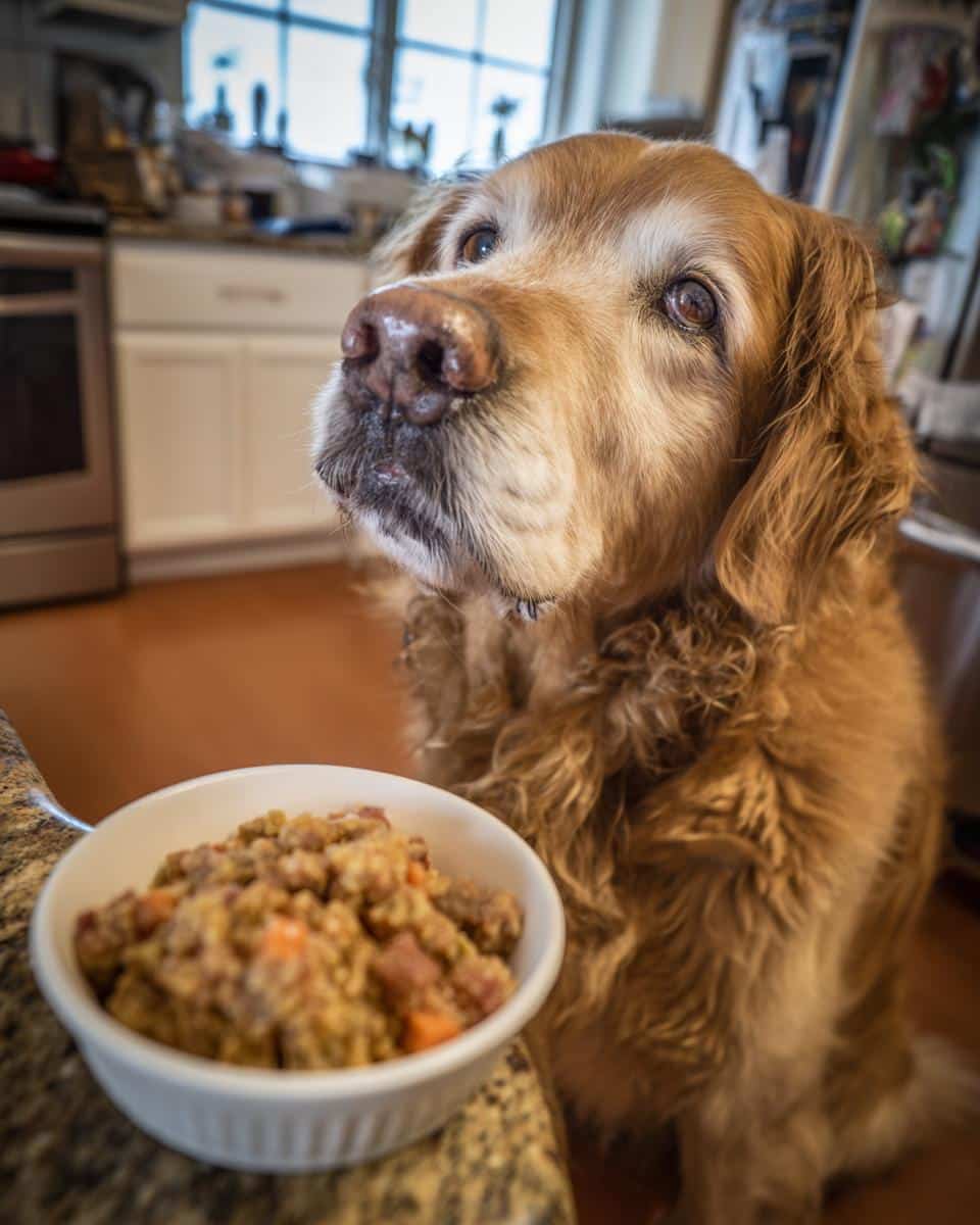 Golden retriever looking expectantly at a bowl of Turkey & Quinoa Healthy Dog Food.