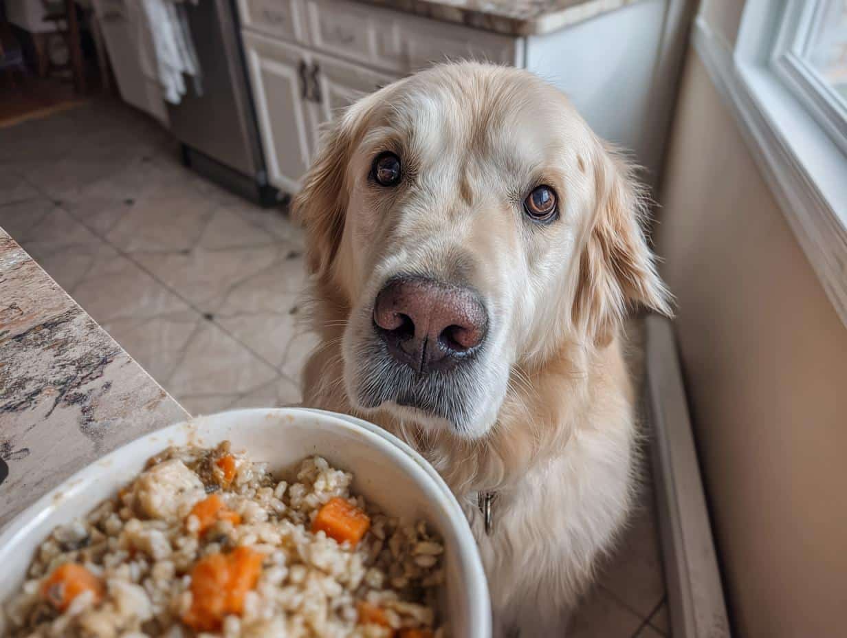 Golden Retriever dog looking hopefully at a bowl of Turkey & Quinoa Healthy Dog Food Recipe.