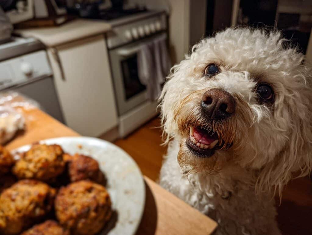 A cute dog looks eagerly at a plate of Turkey & Quinoa Meatballs, ready to enjoy the dog-friendly recipe.