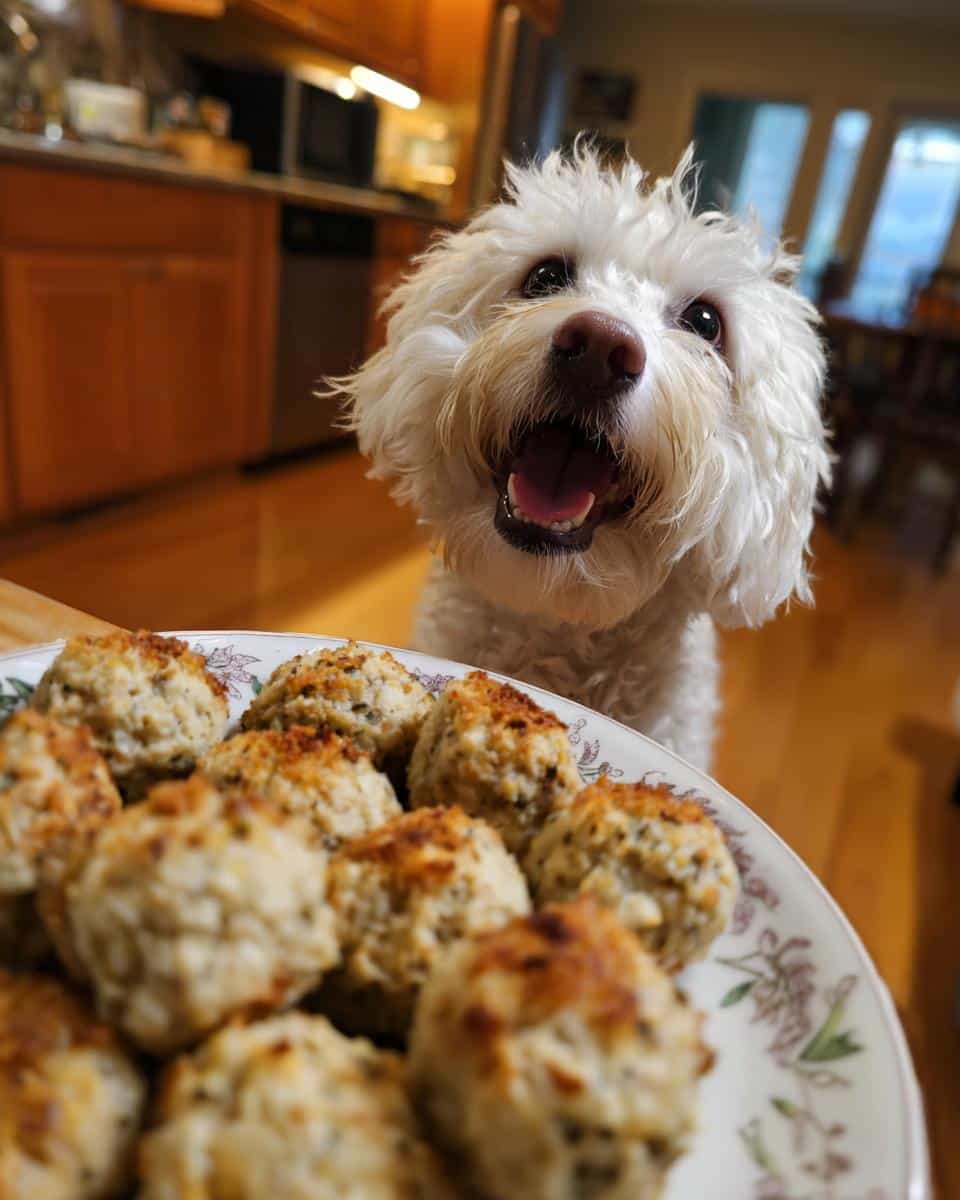 Happy dog looking at a plate of Turkey & Quinoa Meatballs. Recipe for Dogs.