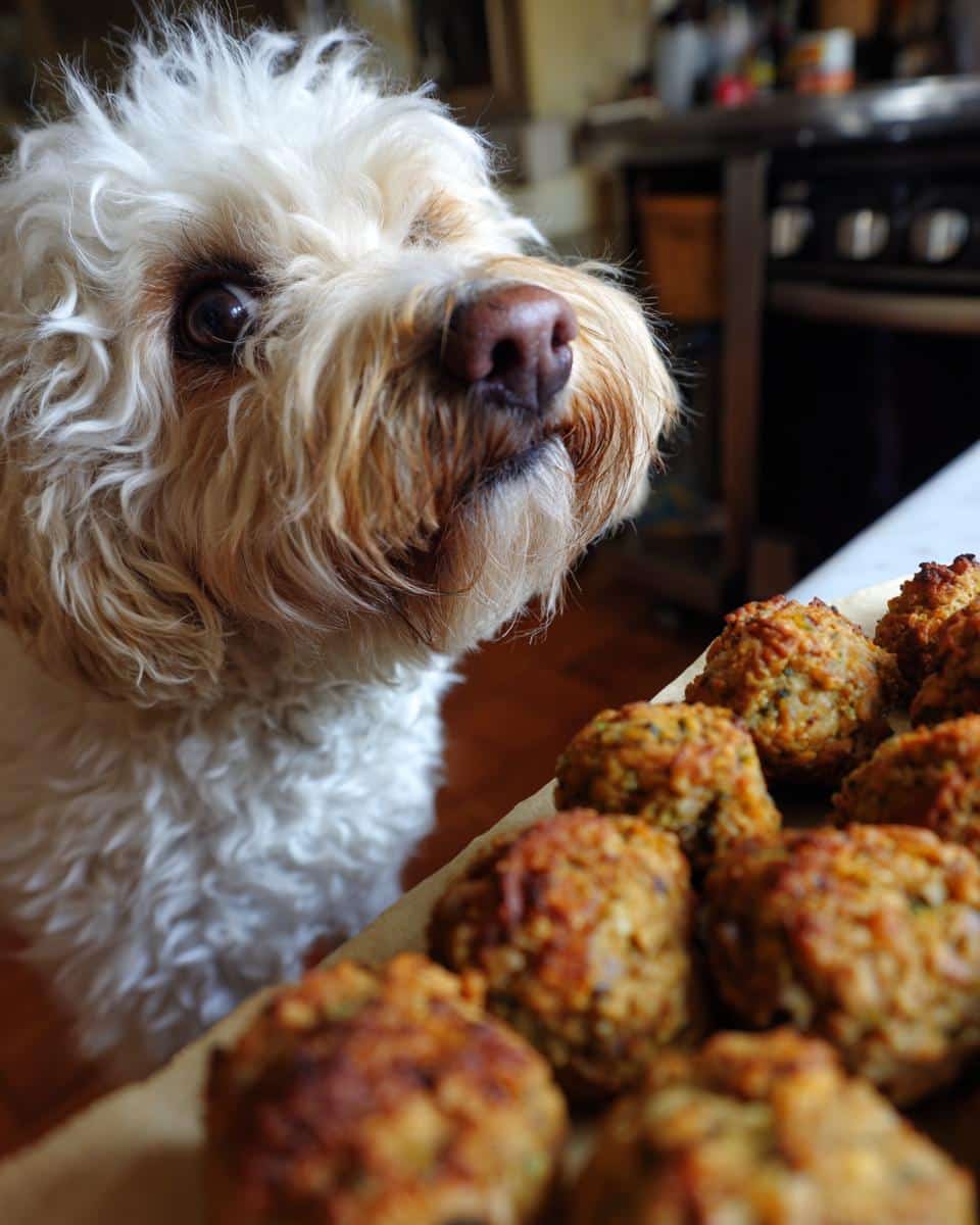 A cute dog looks longingly at a tray of freshly baked Turkey & Quinoa Meatballs.