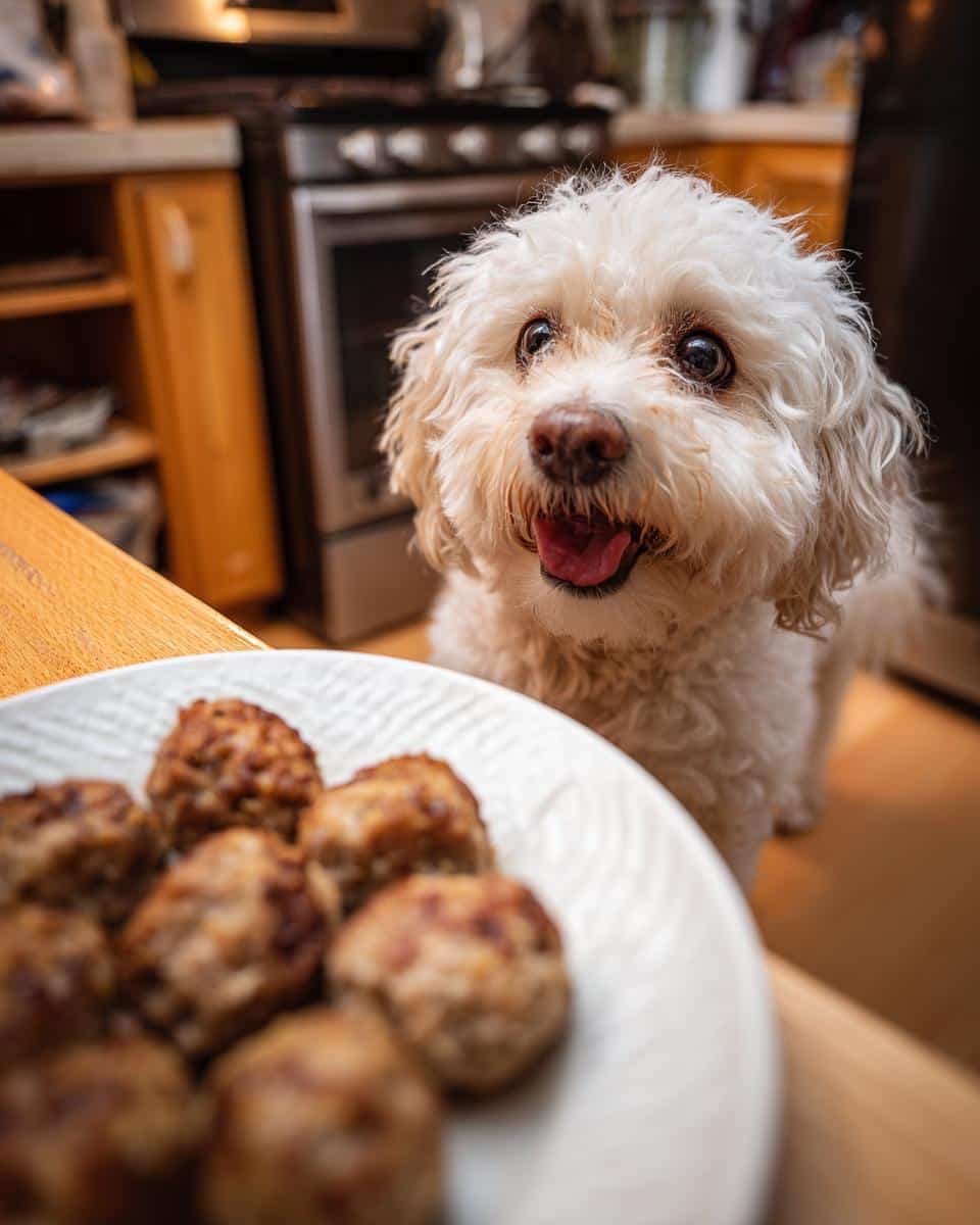 Small white dog looks longingly at a plate of Turkey & Quinoa Meatballs, ready for a tasty treat.