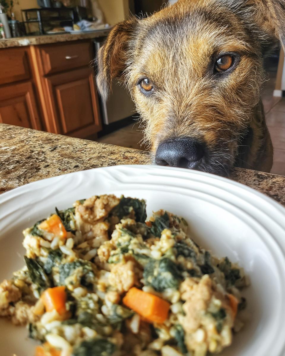 A dog looks longingly at a plate of Turkey & Spinach Easy Dog Meal on the counter.