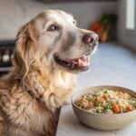 Golden Retriever looking at a bowl of Turkey & Sweet Potato Large Dog Recipe, ready to eat.