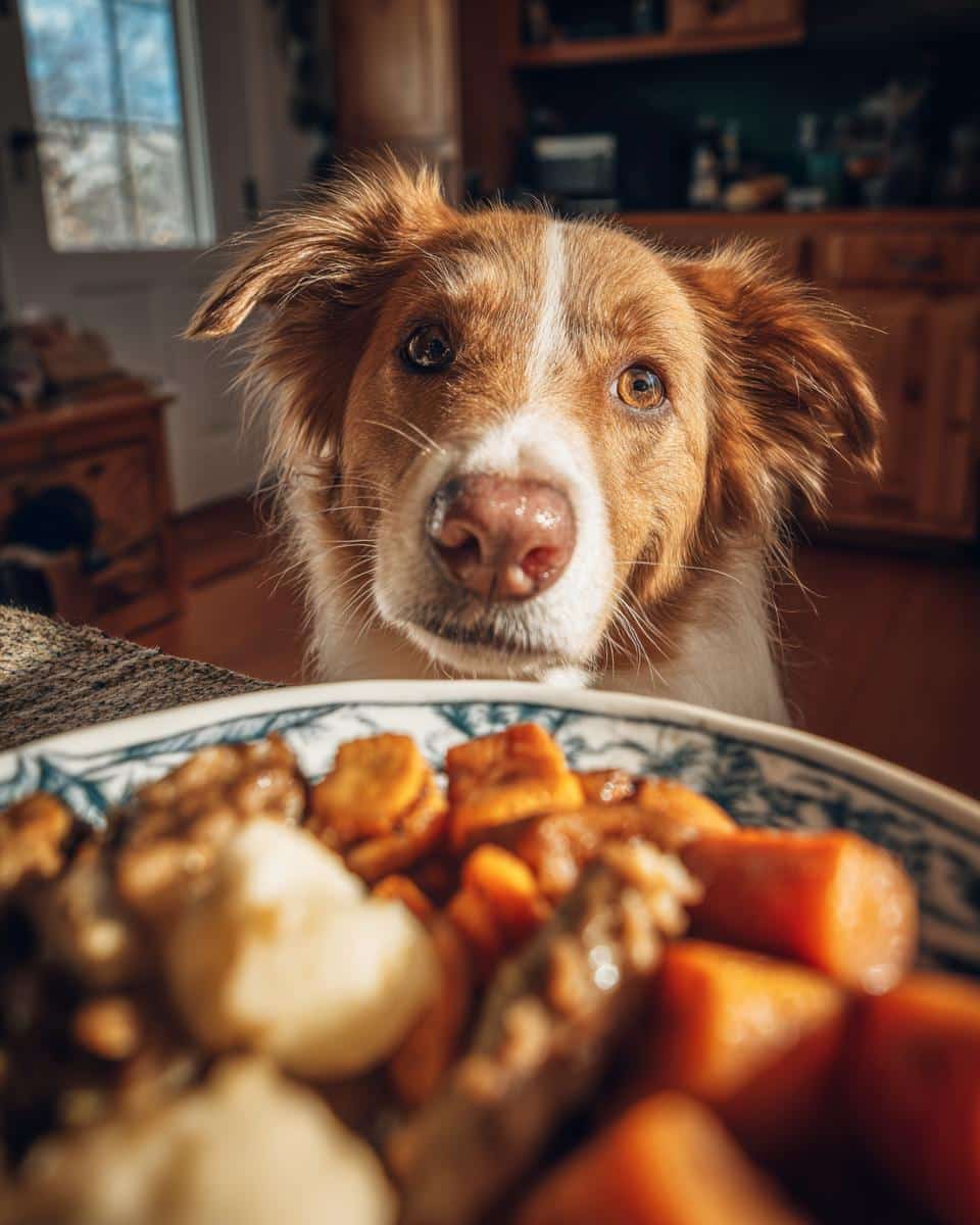 A dog gazes longingly at a bowl of what looks like an All-Time Favorite Turkey & Veggie Dog Meal.