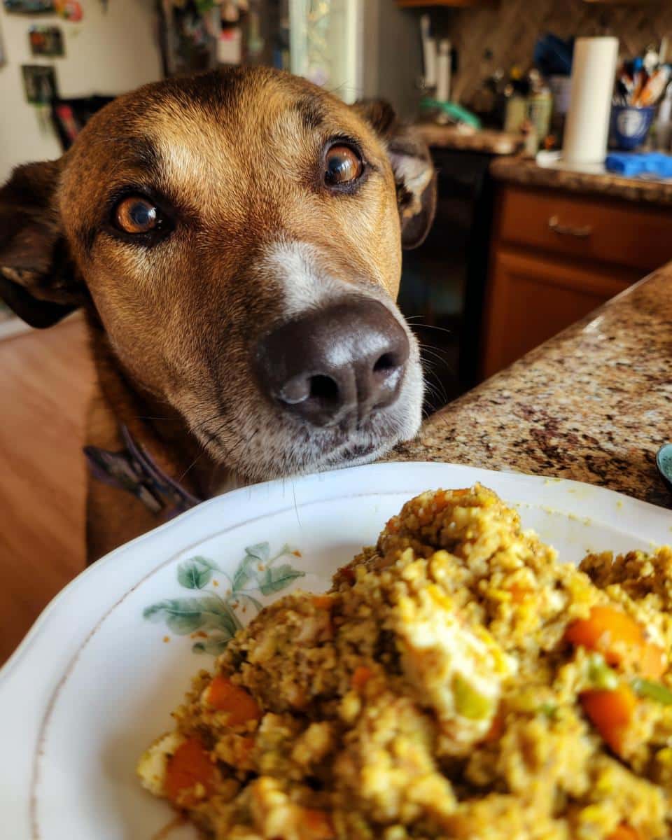 A dog longingly gazes at a plate of All-Time Favorite Turkey & Veggie Dog Meal.