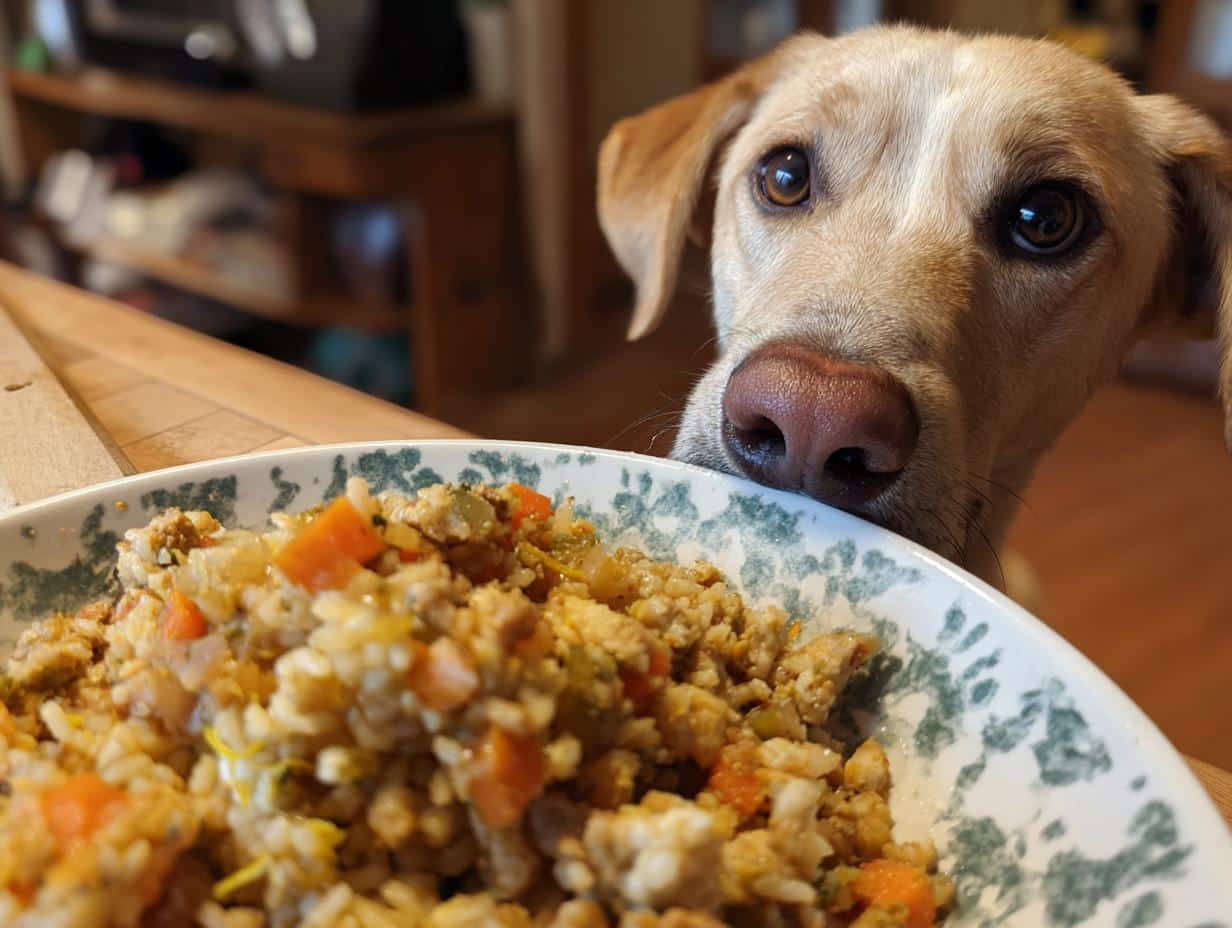A dog gazes longingly at a bowl of All-Time Favorite Turkey & Veggie Dog Meal.