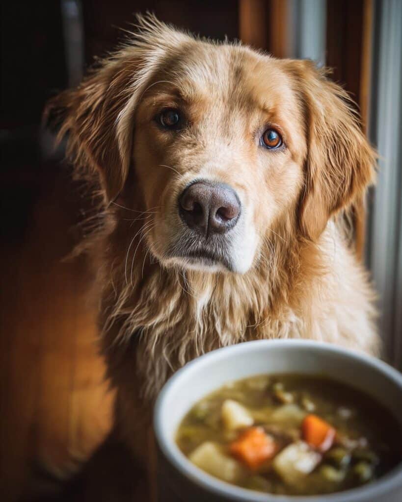 Golden retriever looking at a bowl of Turkey & Veggie Soup. Recipe for Dogs.