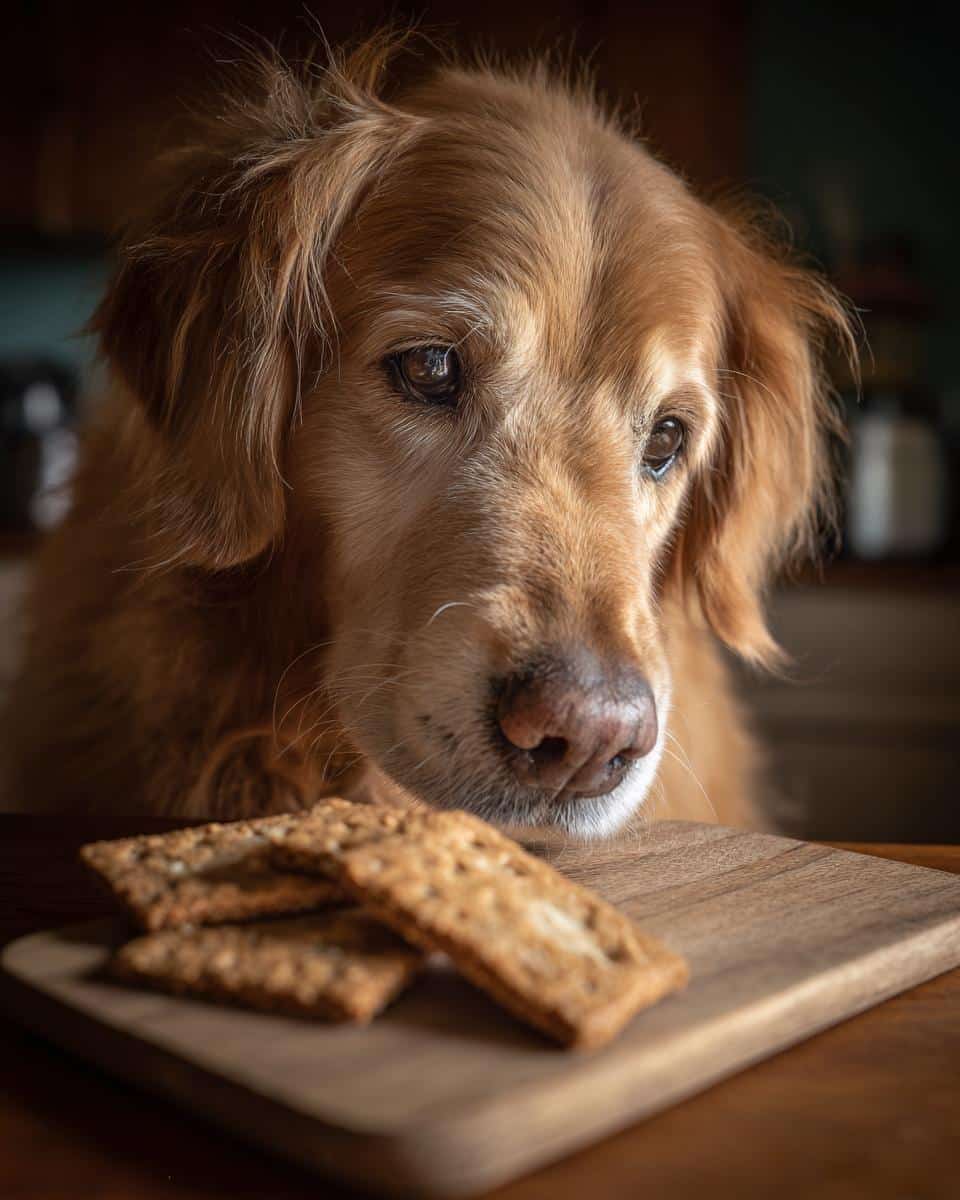A golden retriever gazes longingly at crackers, hinting at a delicious Turkey & Veggie Soup recipe for dogs.