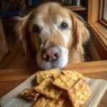 A golden retriever looks longingly at a plate of crackers, potentially made with Turkey & Veggie Soup ingredients for dogs.