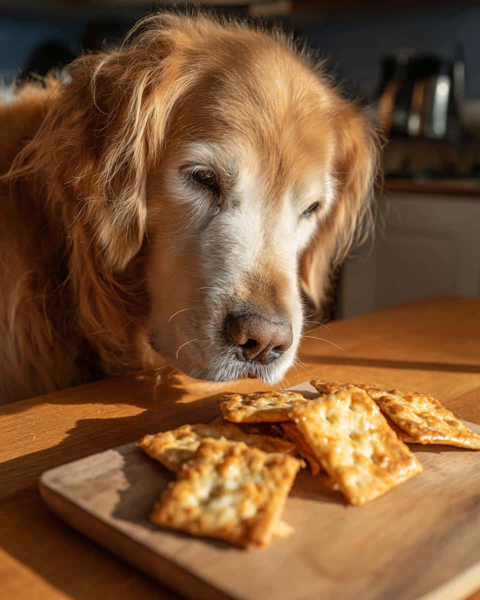 Golden Retriever dog looking at Turkey & Veggie Soup crackers on a wooden board, ready to eat them.