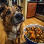A dog looks hopefully at a bowl of Turkey & Zucchini Small Dog Food Recipe.