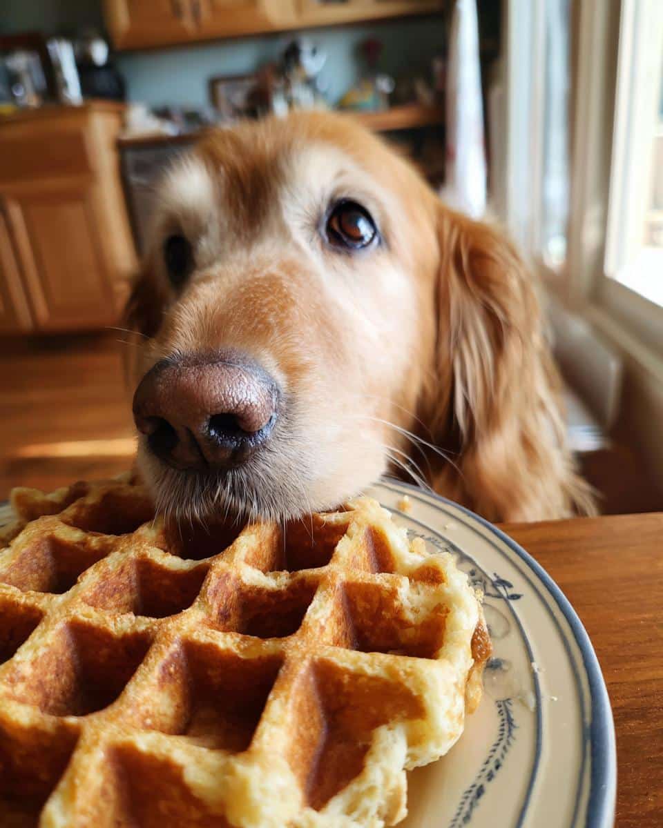 A golden retriever longingly gazes at a plate of Homemade Dog Waffles. Focus on the dog and the waffle.