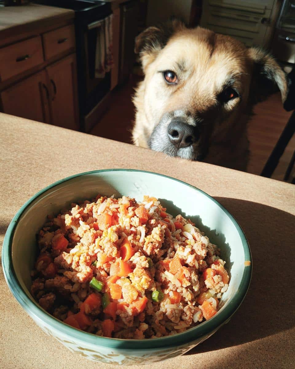 Dog looking longingly at a bowl of Pumpkin & Turkey Best Dog Recipe on the counter.