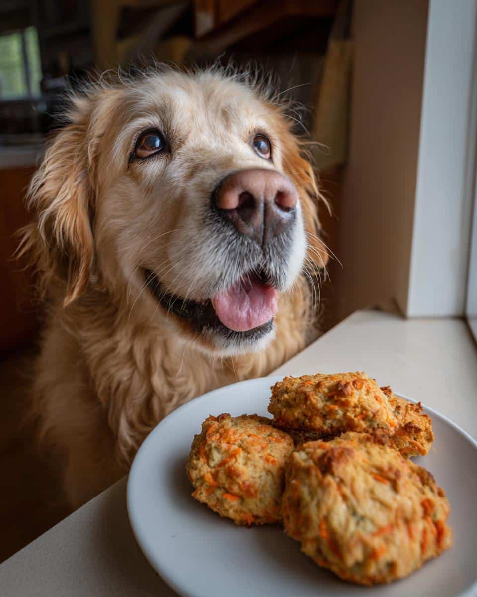 Golden Retriever eagerly looks at a plate of treats, anticipating Frozen Strawberry Yogurt Pops for dogs.