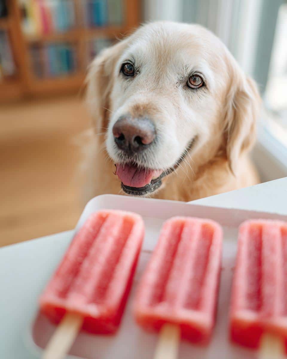 Golden retriever looking at Frozen Watermelon Yogurt Pops, a homemade dog treat.