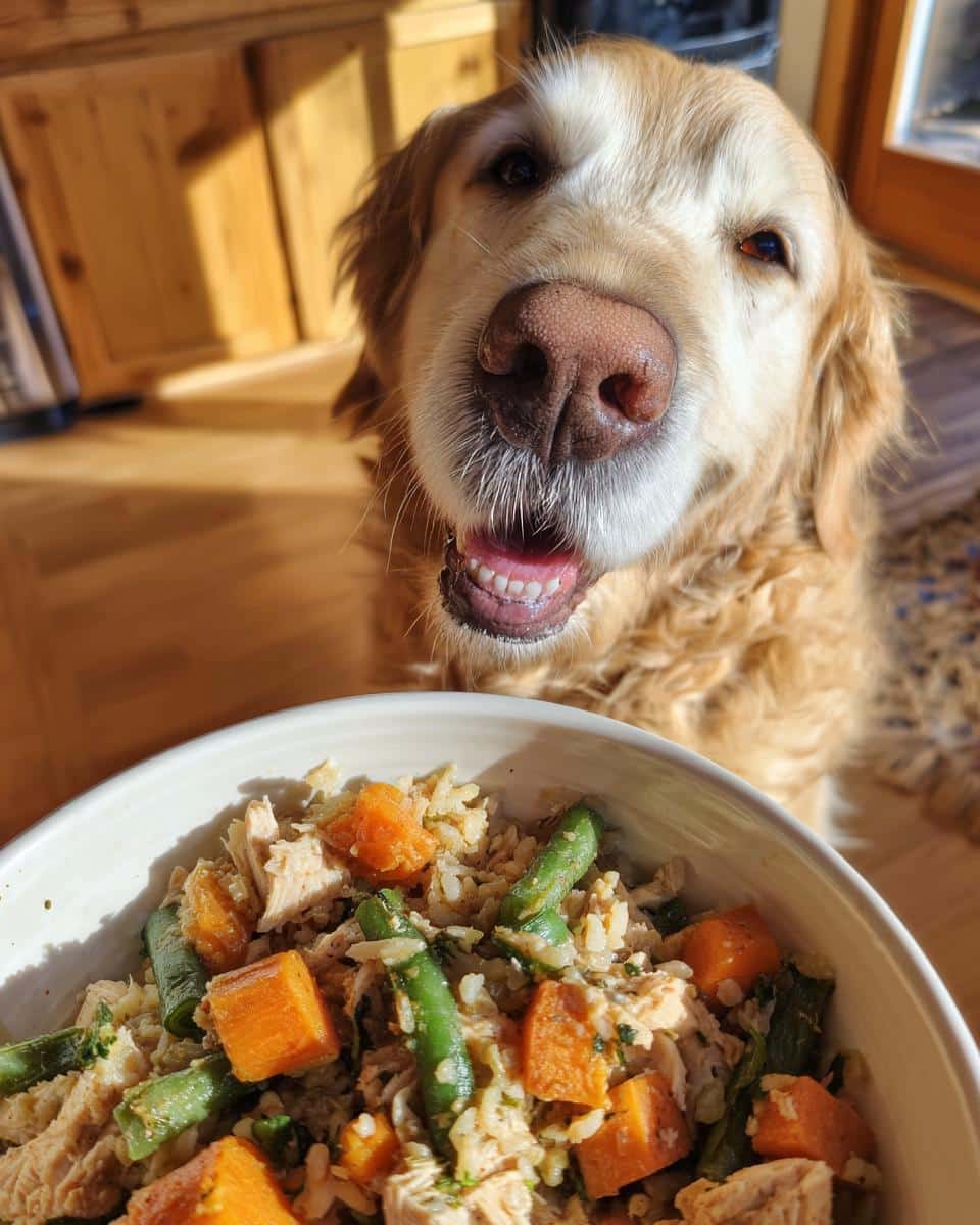 Golden Retriever eagerly awaits a bowl of XL Crockpot Chicken & Veggies Dog Food.