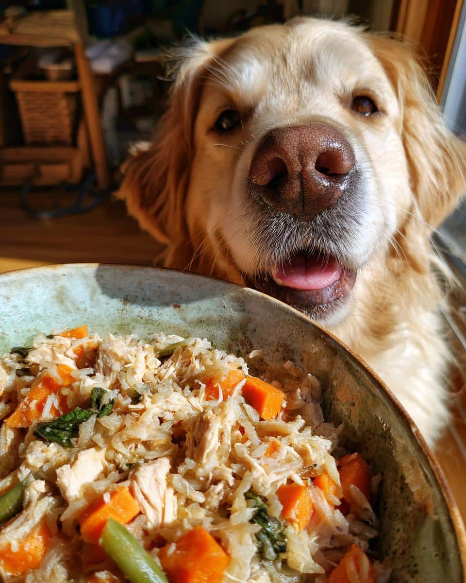Golden Retriever eagerly awaits a bowl of XL Crockpot Chicken & Veggies Dog Food.