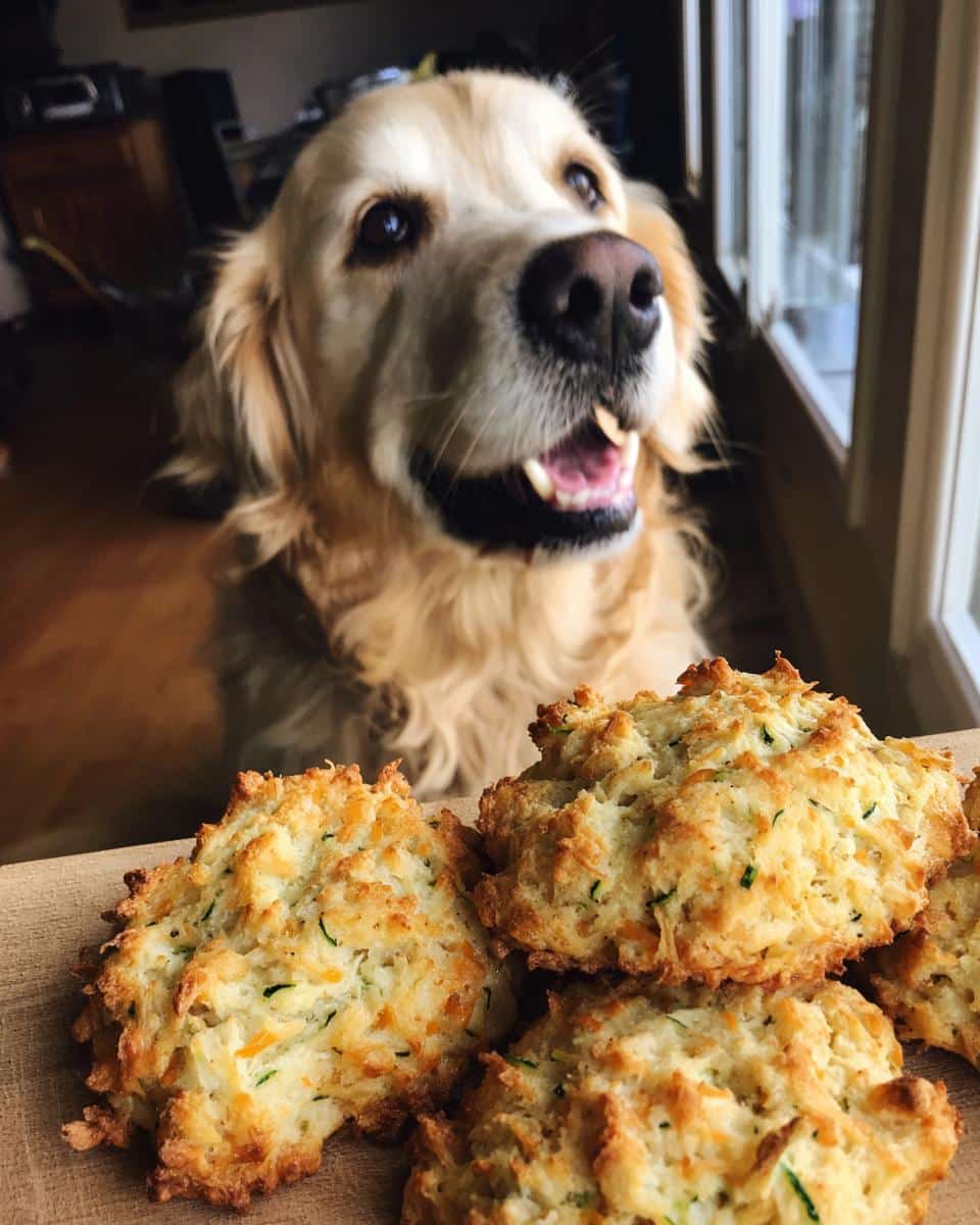 Golden Retriever looks longingly at a pile of Zucchini Cheddar Biscuits – Recipe for Dogs.