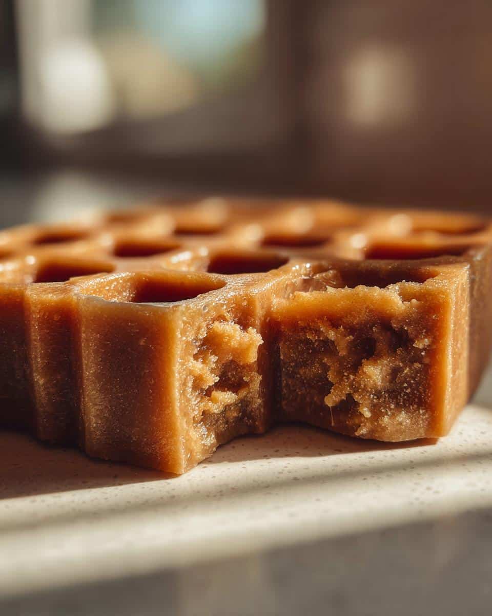Close-up of a cool, chewy treat for dogs, showing a bite taken out of the honeycomb-shaped snack.