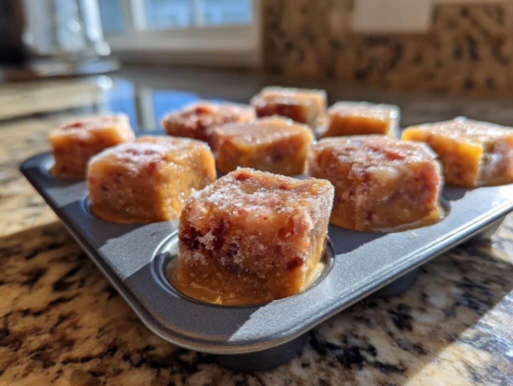 Homemade Dogs: Cool, Chewy Treats in a muffin tin, ready to be served. Frozen dog treats.