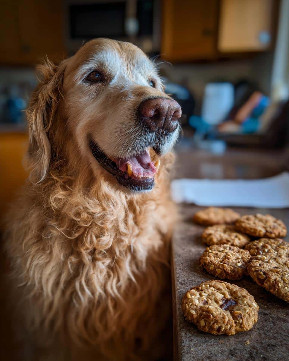 Golden Retriever looking at a batch of homemade Duck & Oat Biscuits – Recipe for Dogs.