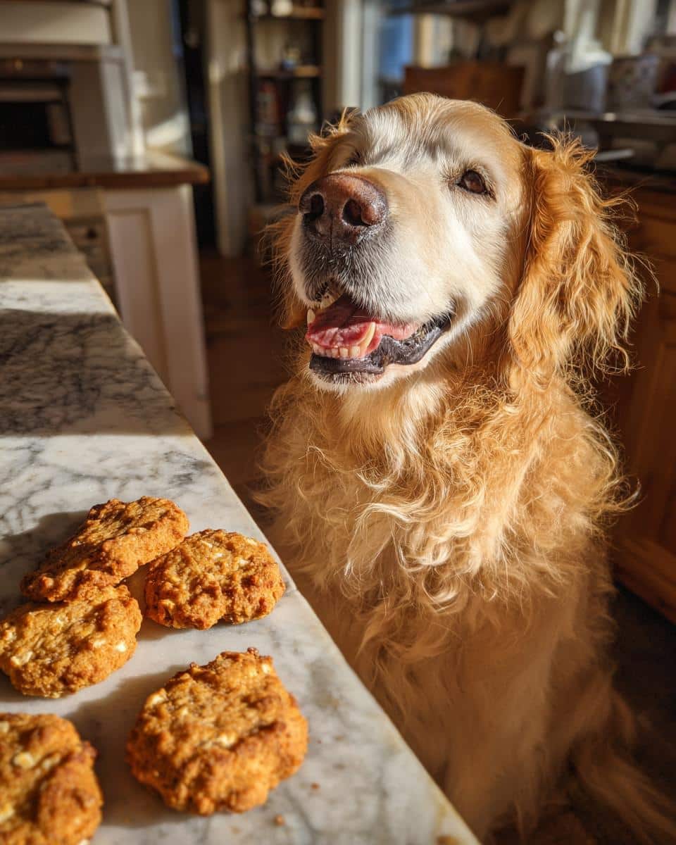 Golden Retriever dog looking longingly at a batch of homemade Duck & Oat Biscuits.