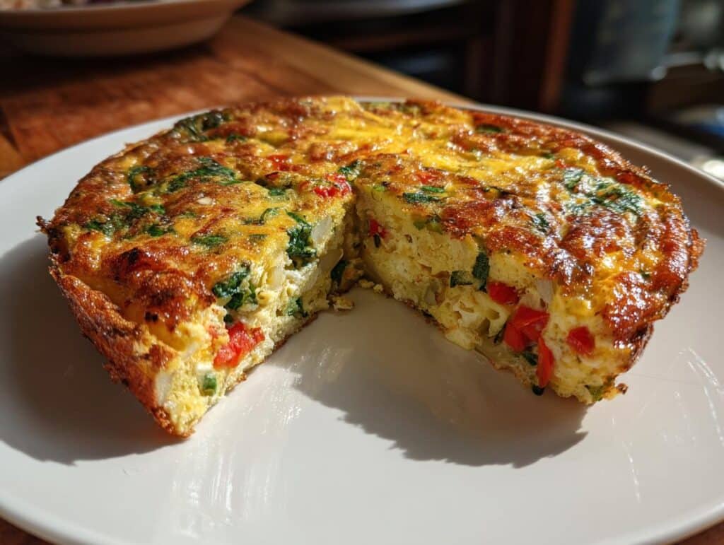 A delicious Egg Frittata With Vegetables DOG RECIPE on a white plate, showing the cut slice.