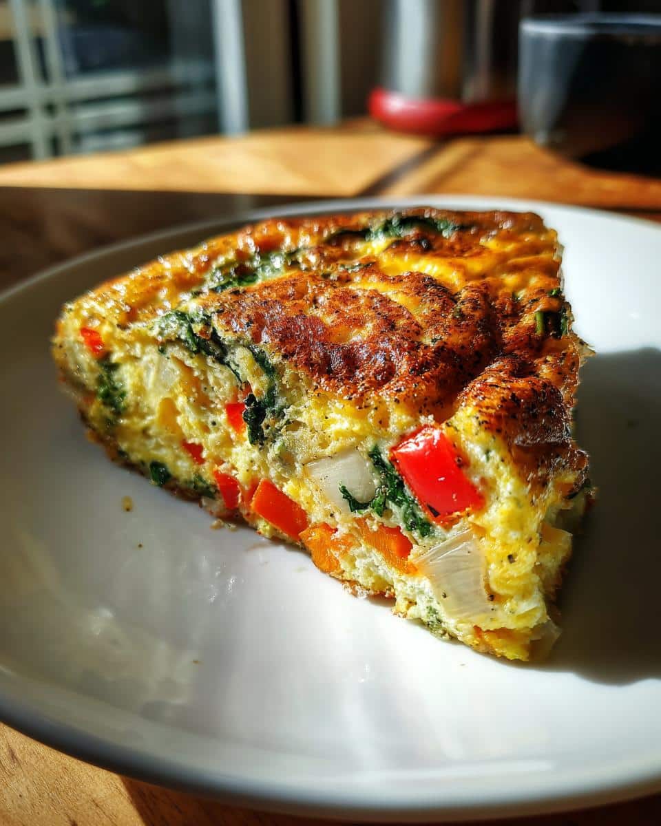 A slice of Egg Frittata With Vegetables DOG RECIPE on a white plate, showcasing colorful veggies.