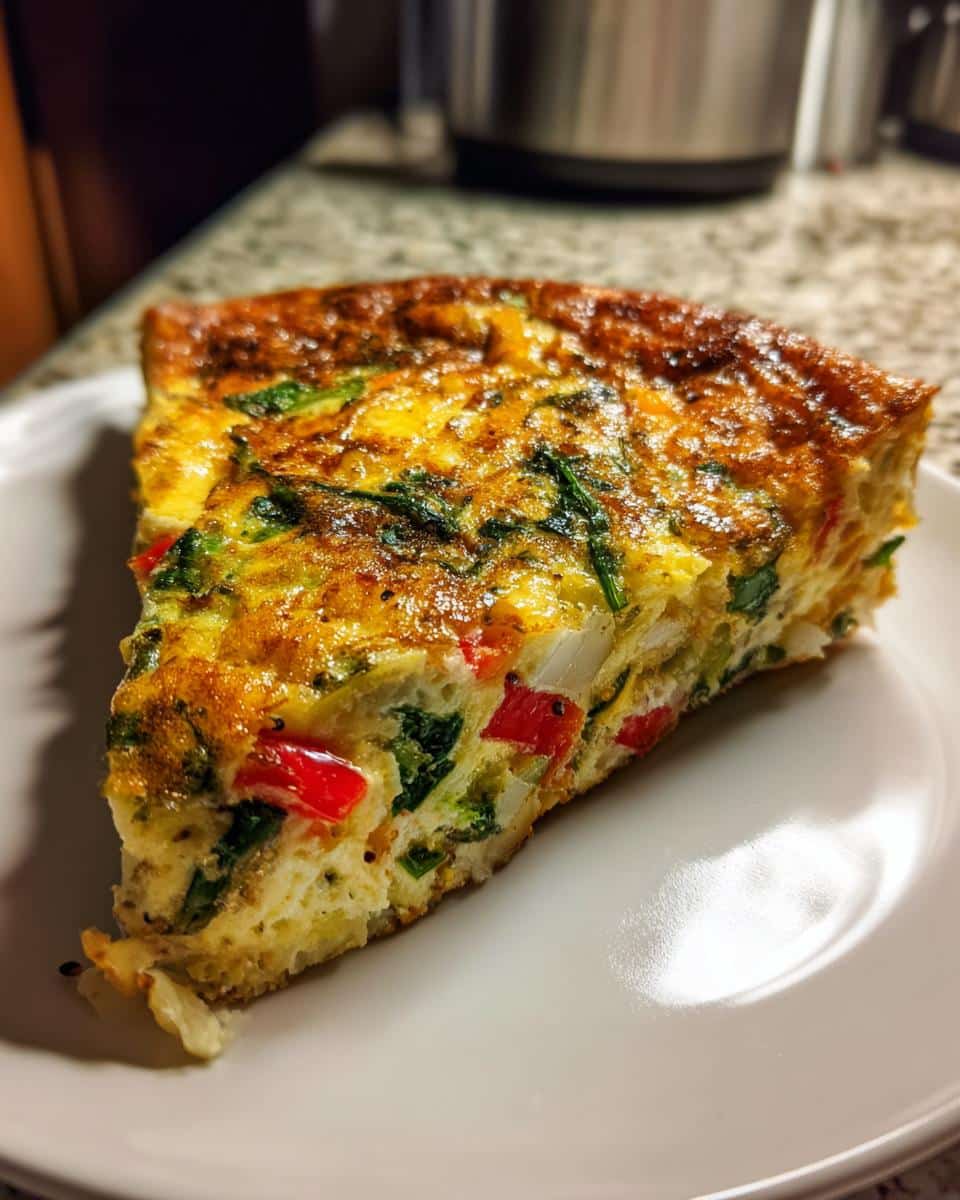 A slice of homemade Egg Frittata With Vegetables DOG RECIPE, featuring spinach and red peppers, served on a white plate.