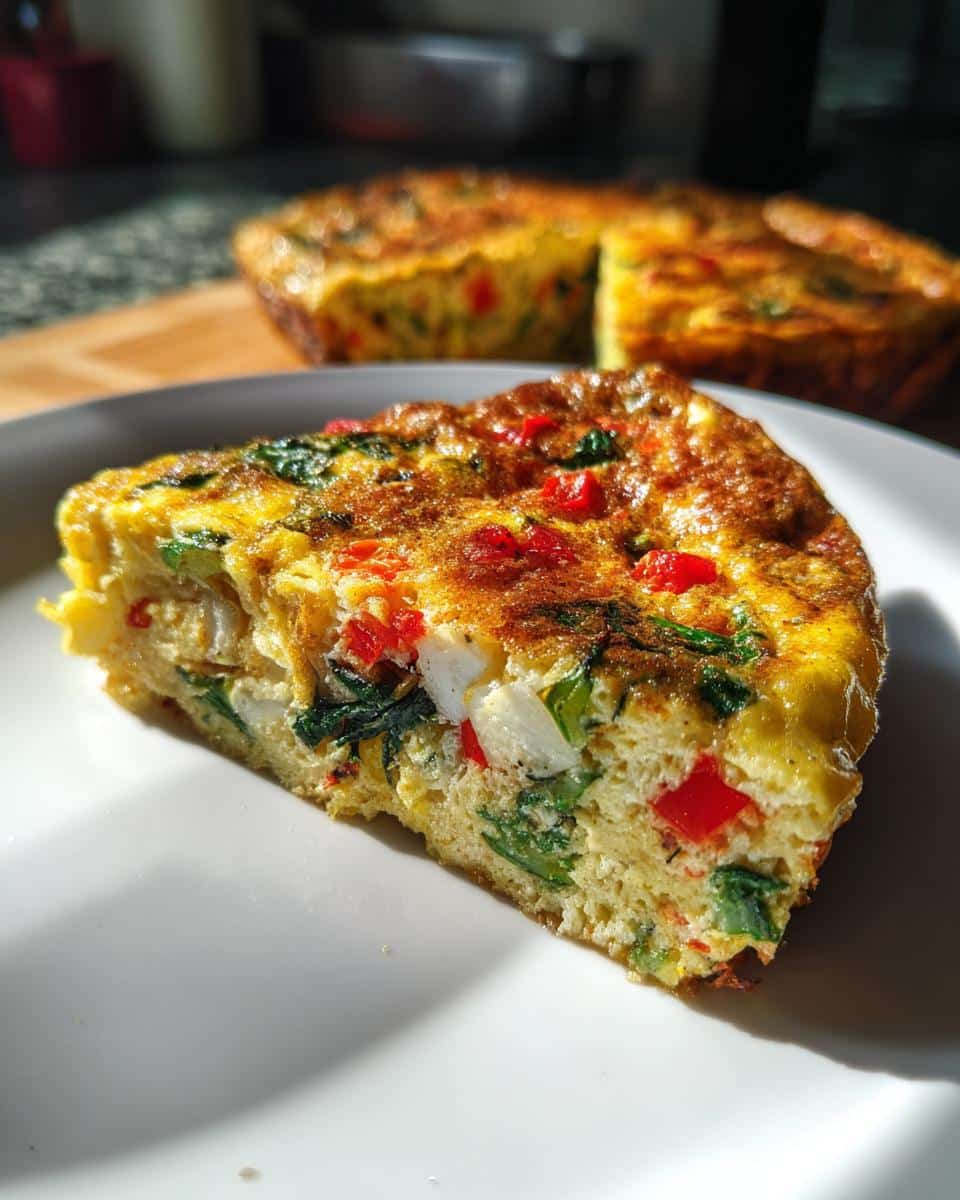 A slice of Egg Frittata With Vegetables DOG RECIPE on a white plate, showing visible vegetables.