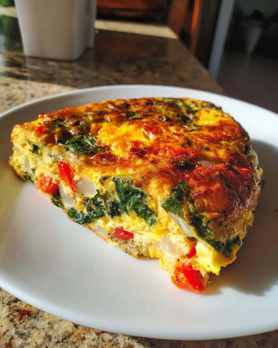 A slice of homemade Egg Frittata With Vegetables DOG RECIPE, featuring spinach and red bell peppers.