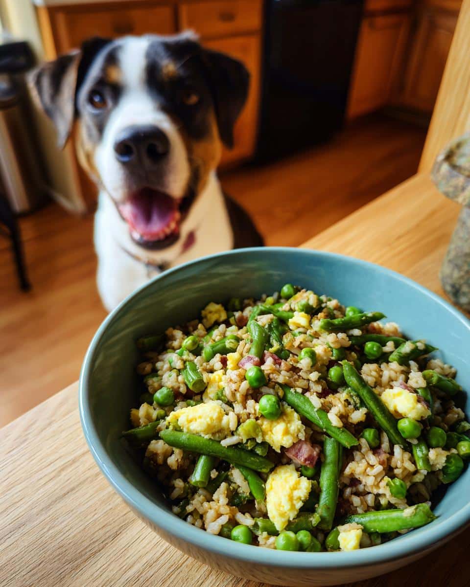 Happy dog looks at a bowl of Egg & Green Bean Dog Food Recipe. Healthy homemade food for pets.