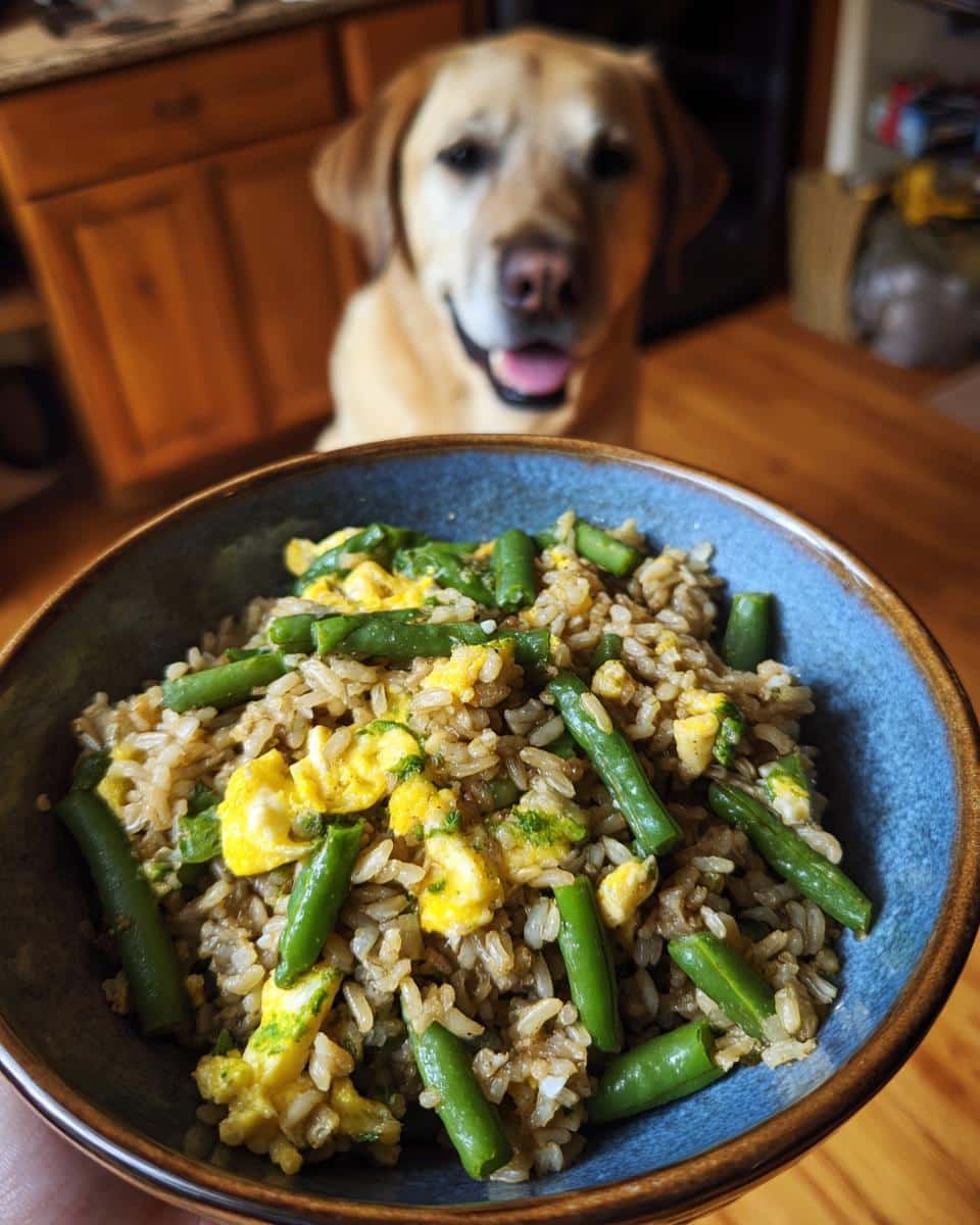 Bowl of Egg & Green Bean Dog Food Recipe with a happy dog in the background.