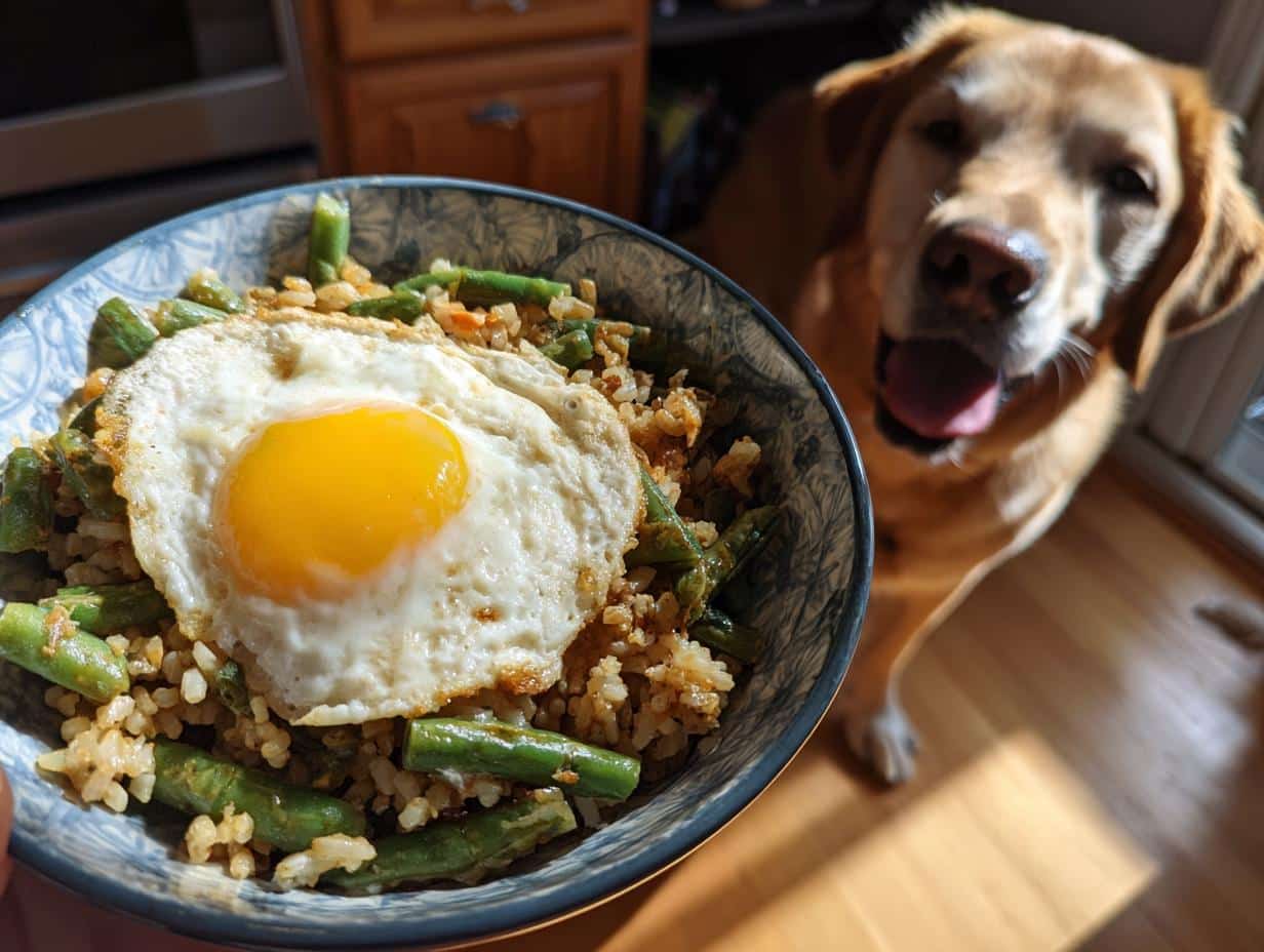 Bowl of Egg & Green Bean Dog Food Recipe with a dog in the background looking at the food.