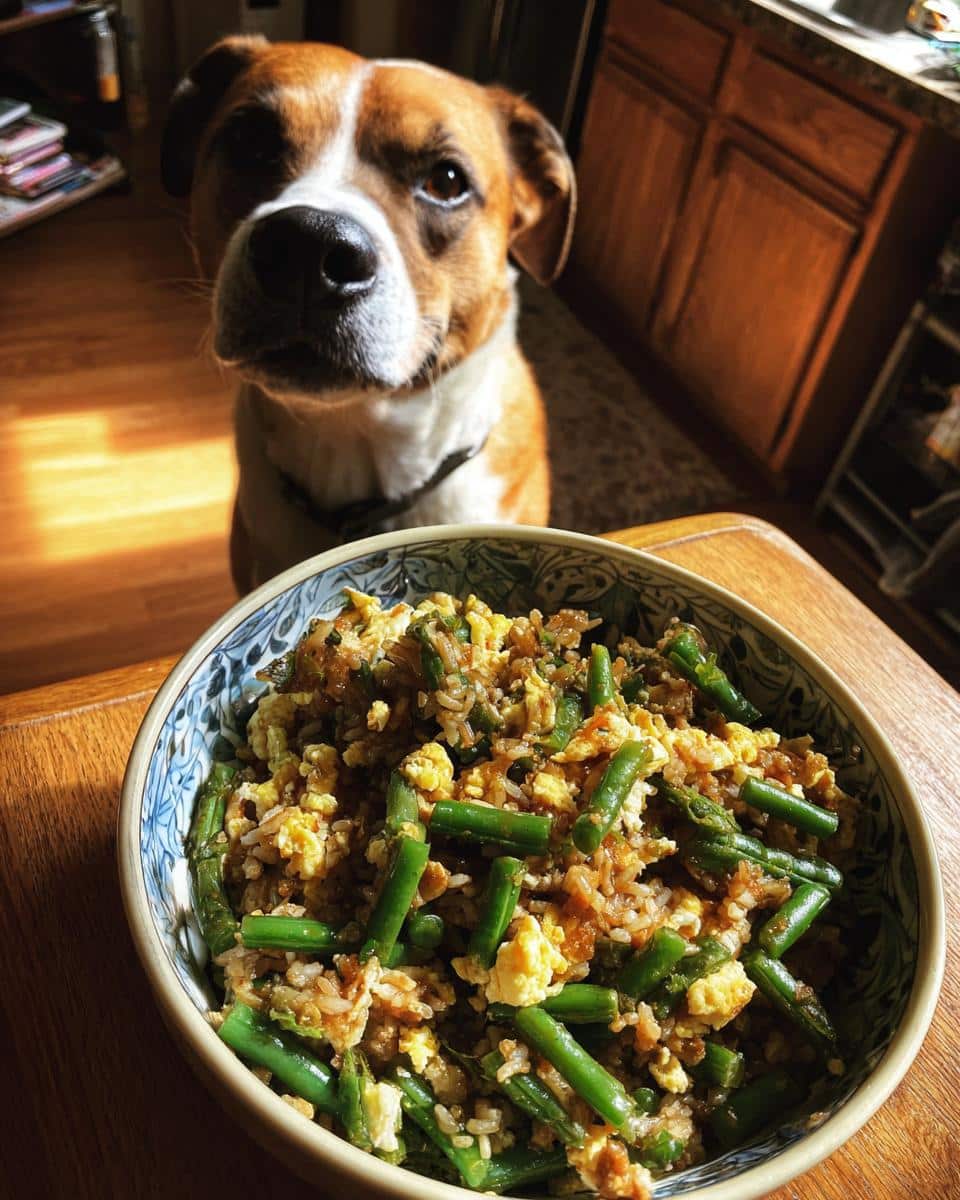 A dog looks longingly at a bowl of Egg & Green Bean Dog Food Recipe. The bowl is full of green beans, rice, and eggs.