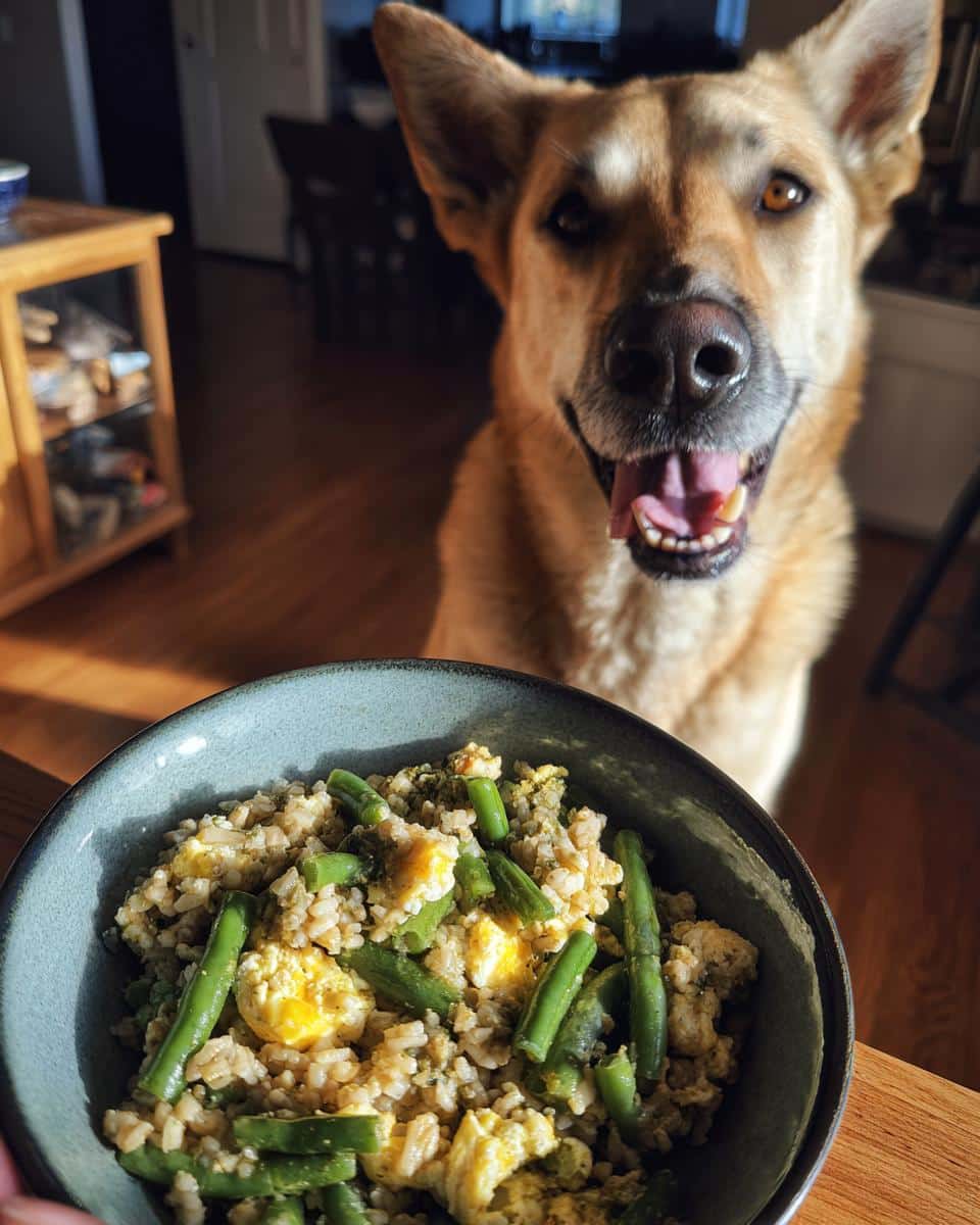 Happy dog looking at a bowl of Egg & Green Bean Dog Food Recipe. Homemade dog food.