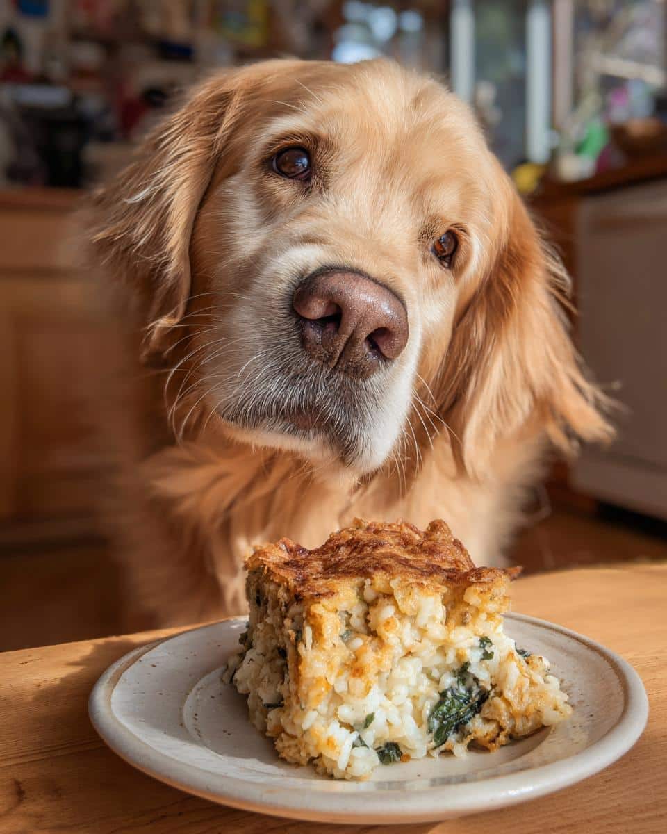 Golden Retriever dog looking longingly at a plate of Egg & Spinach Vet-Approved Dog Food.