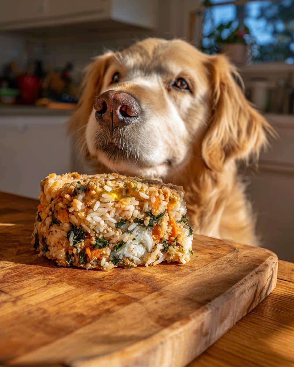 Golden retriever looking longingly at a portion of Egg & Spinach Vet-Approved Dog Food on a wooden board.