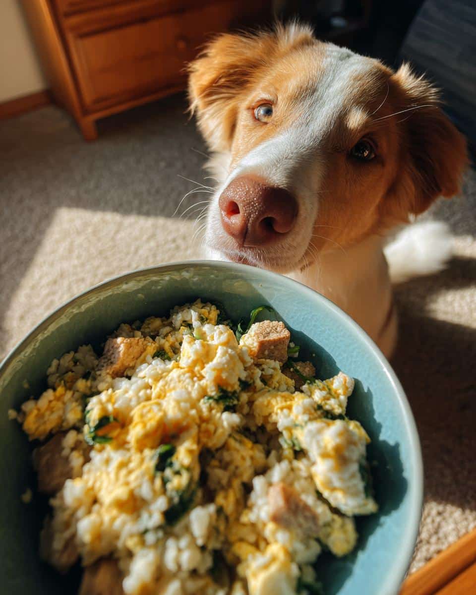 A cute dog looks longingly at a bowl of egg and spinach dog food, part of the Best Egg & Spinach Dog Food Recipe.
