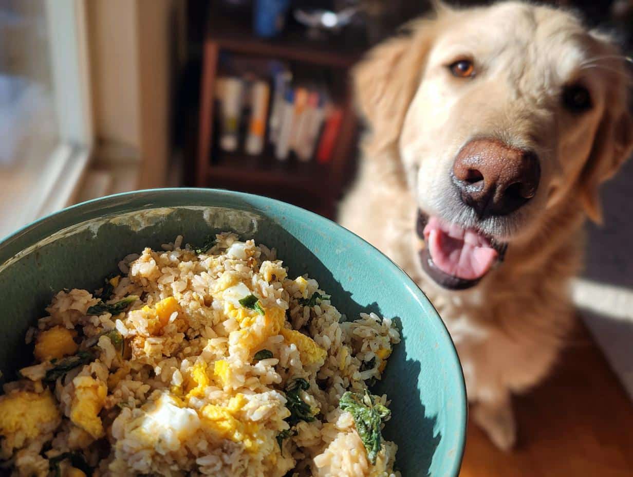 A bowl of Egg & Spinach Dog Food Recipe with a happy golden retriever dog in the background.