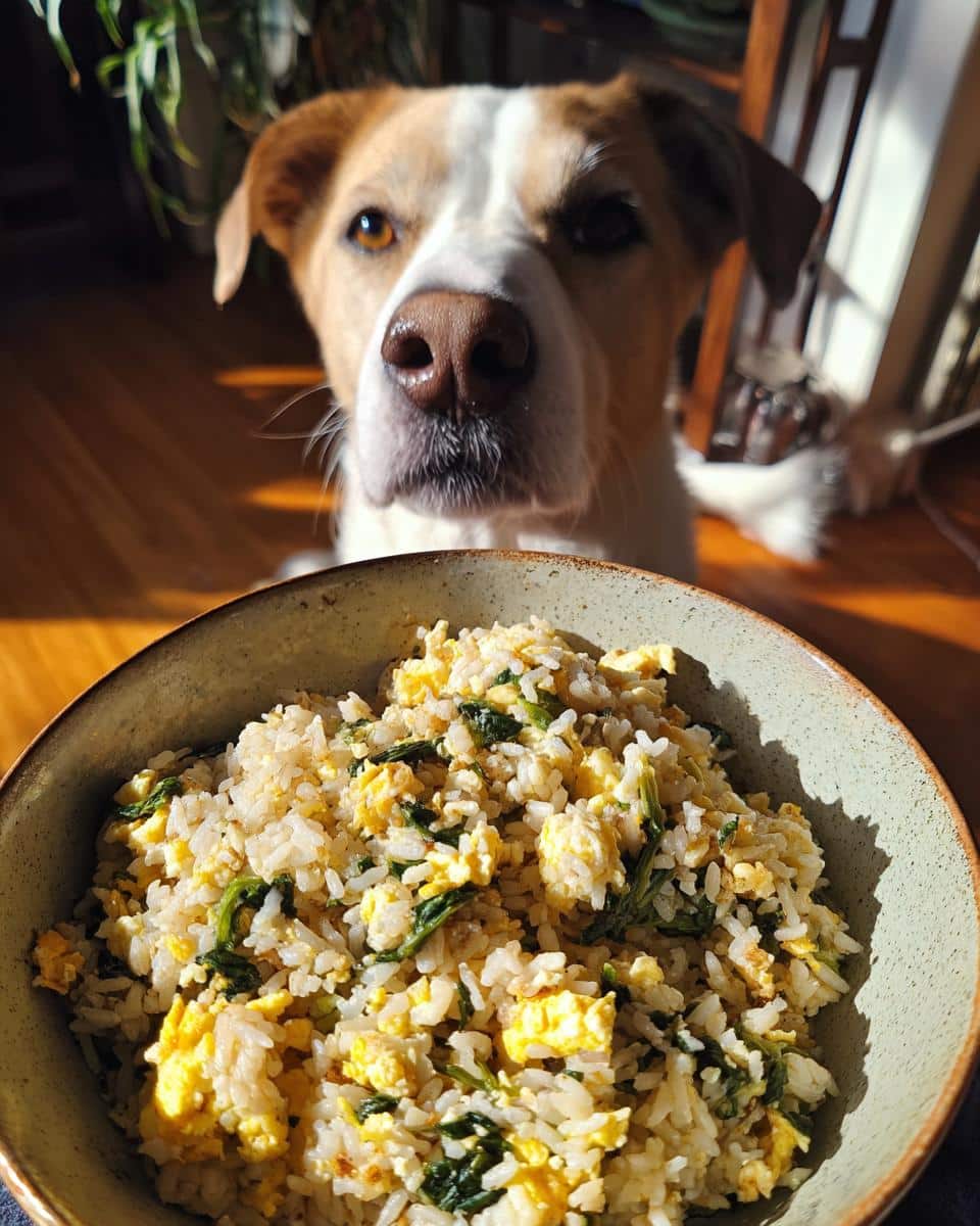 A bowl of Best Egg & Spinach Dog Food Recipe with a dog looking at it in the background.