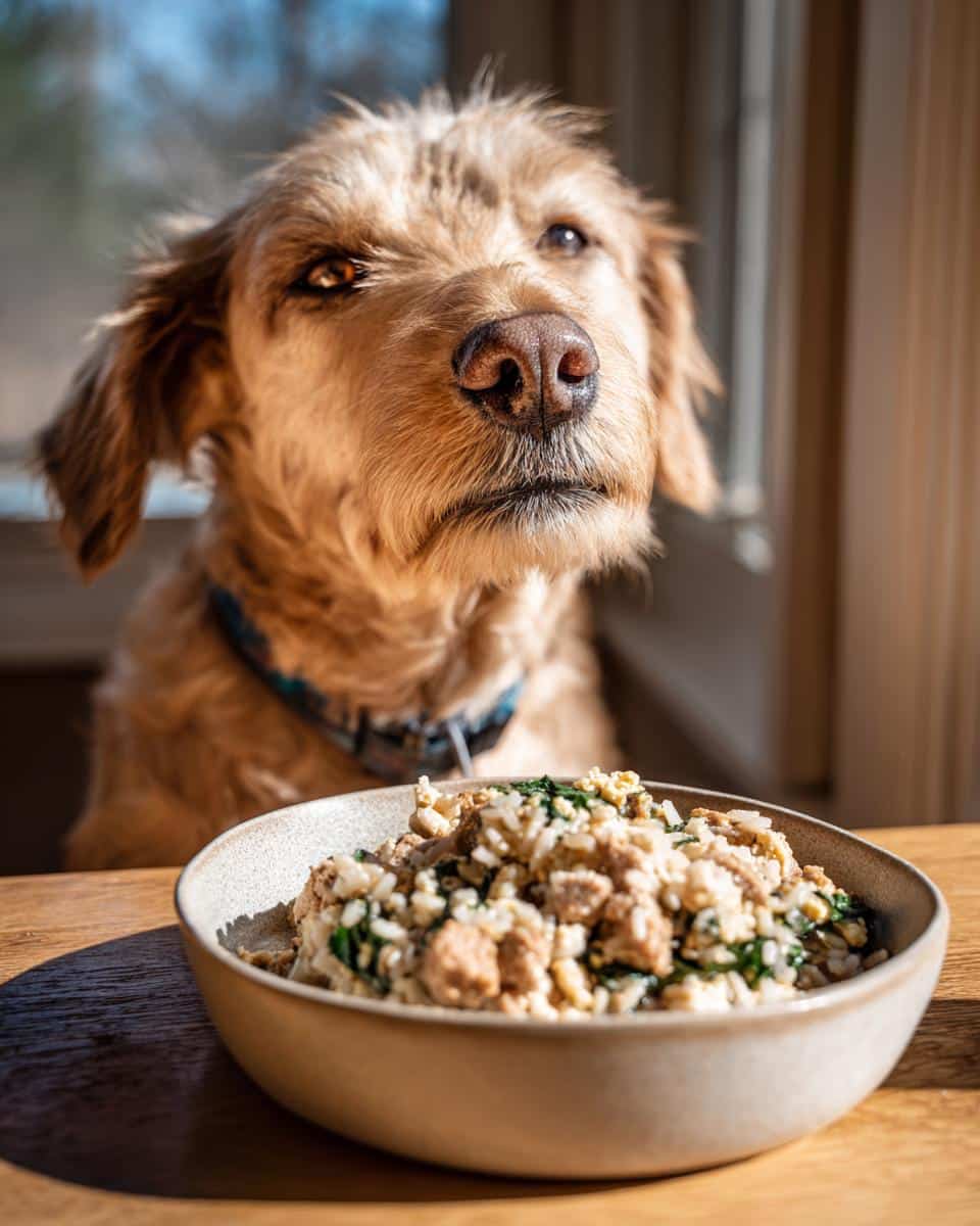 A cute dog looks longingly at a bowl of Best Egg & Spinach Dog Food Recipe.