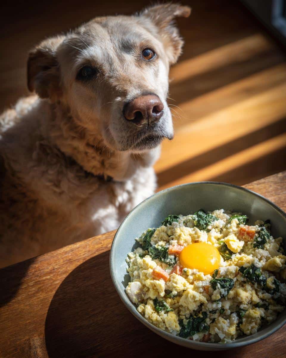 Dog looking at a bowl of Egg & Spinach Dog Food with egg yolk on top, ready to eat.