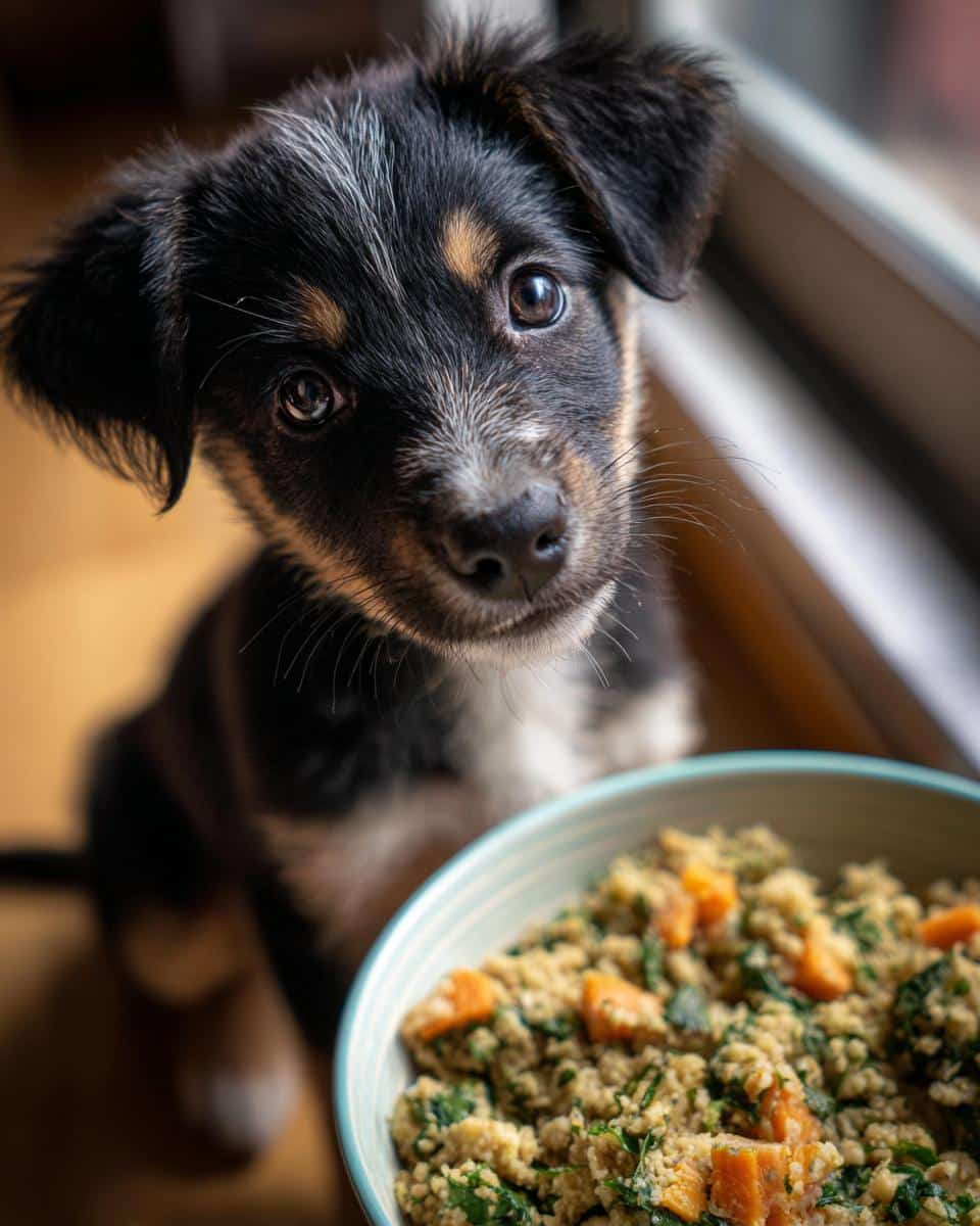 Adorable puppy looking up at the camera with a bowl of Egg & Spinach Puppy Dog Food in the foreground.