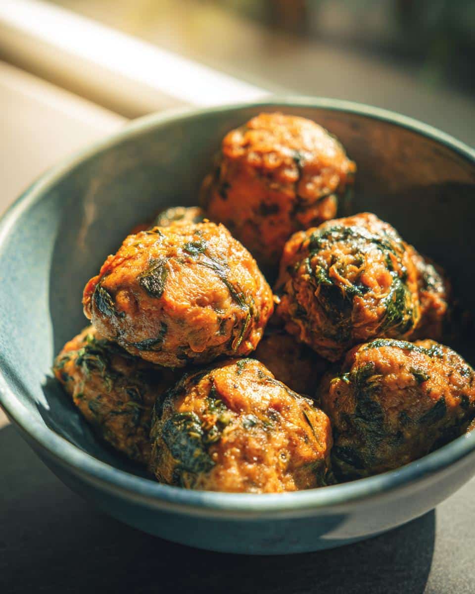 A bowl full of homemade Egg & Spinach Puppy Dog Food balls, ready to be served.