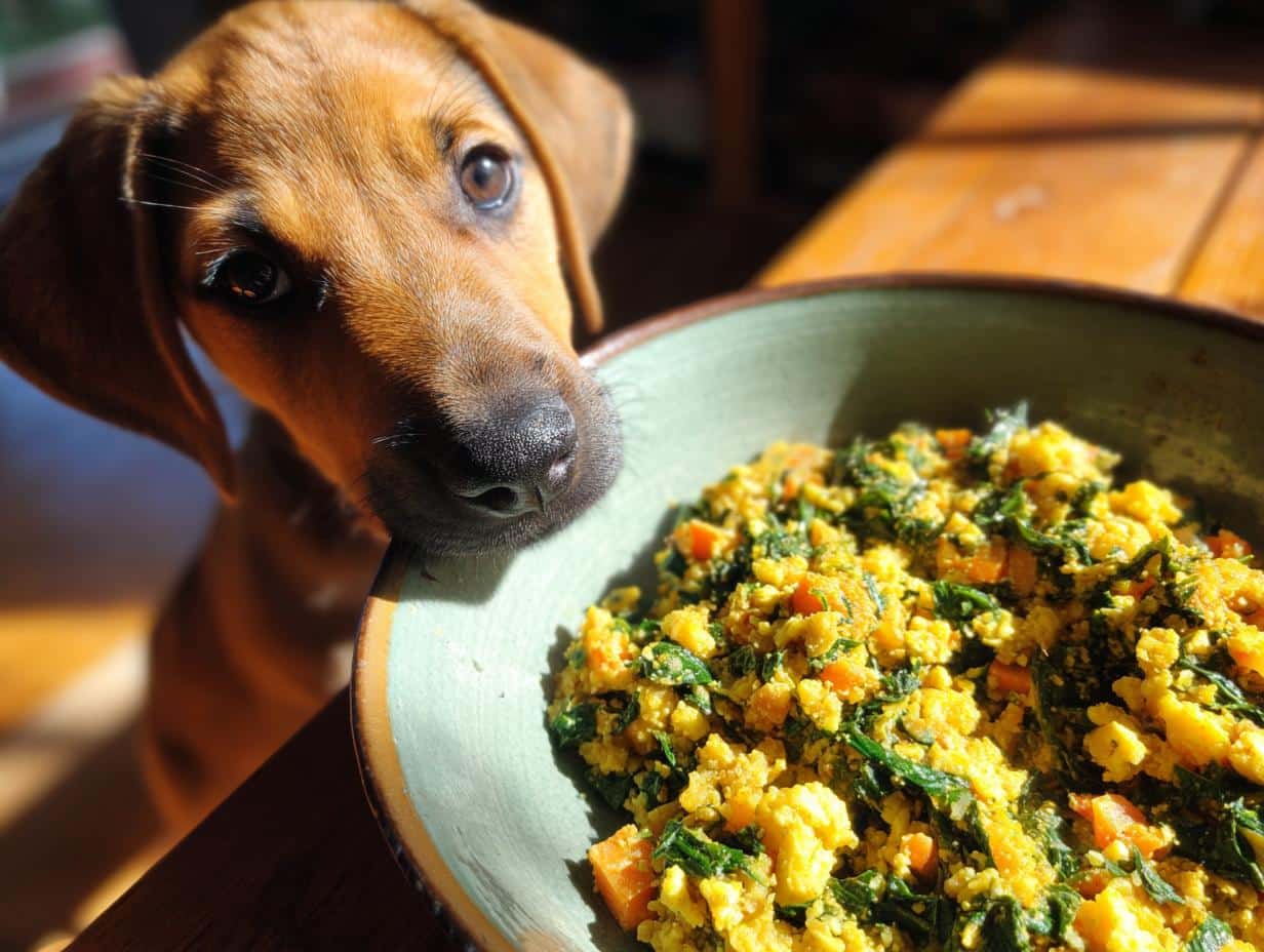A cute puppy gazes longingly at a bowl of Egg & Spinach Puppy Dog Food.