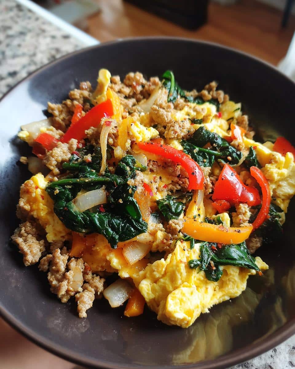 A vibrant Egg and Turkey Power Bowl featuring scrambled eggs, ground turkey, spinach, onions and colorful bell peppers.