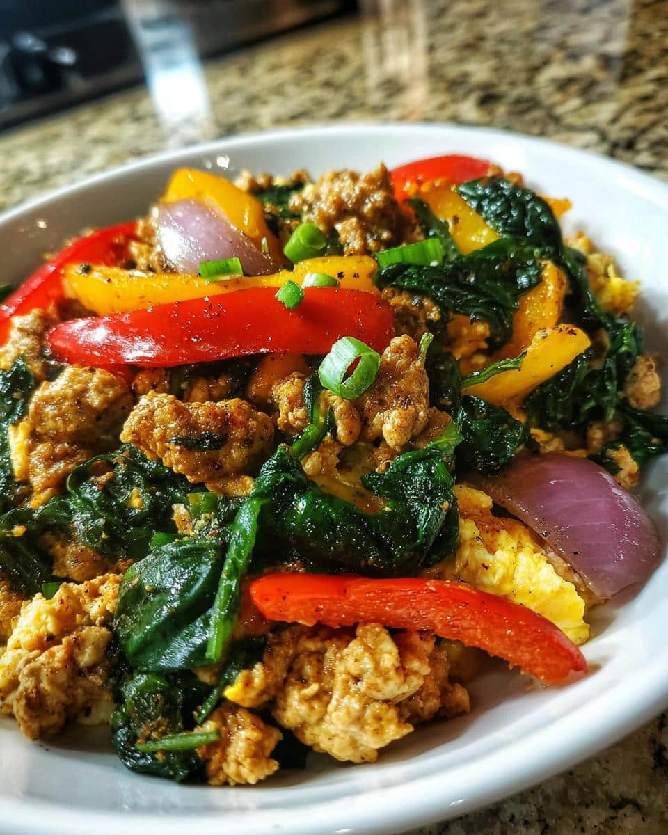A vibrant Egg and Turkey Power Bowl featuring scrambled eggs, ground turkey, spinach, and colorful bell peppers.