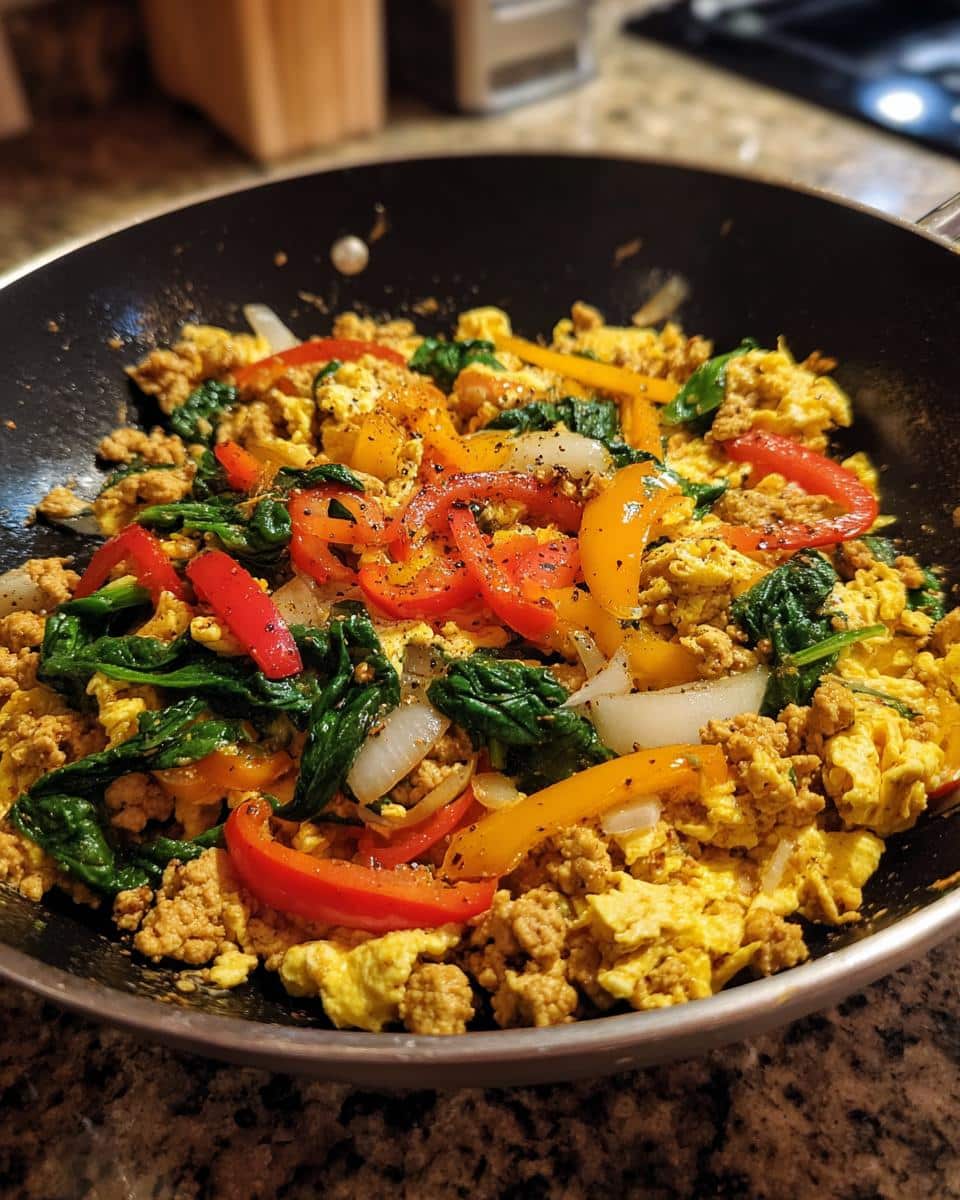 A vibrant Egg and Turkey Power Bowl featuring scrambled eggs, ground turkey, spinach, and bell peppers.